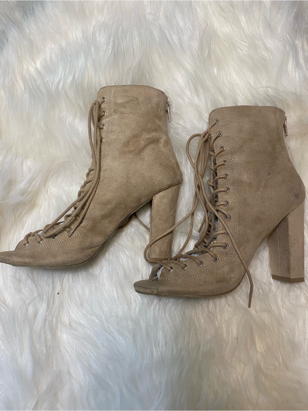 Charlotte Russe Taupe Suede Lace-Up Peep-Toe Block Heel Ankle Boots